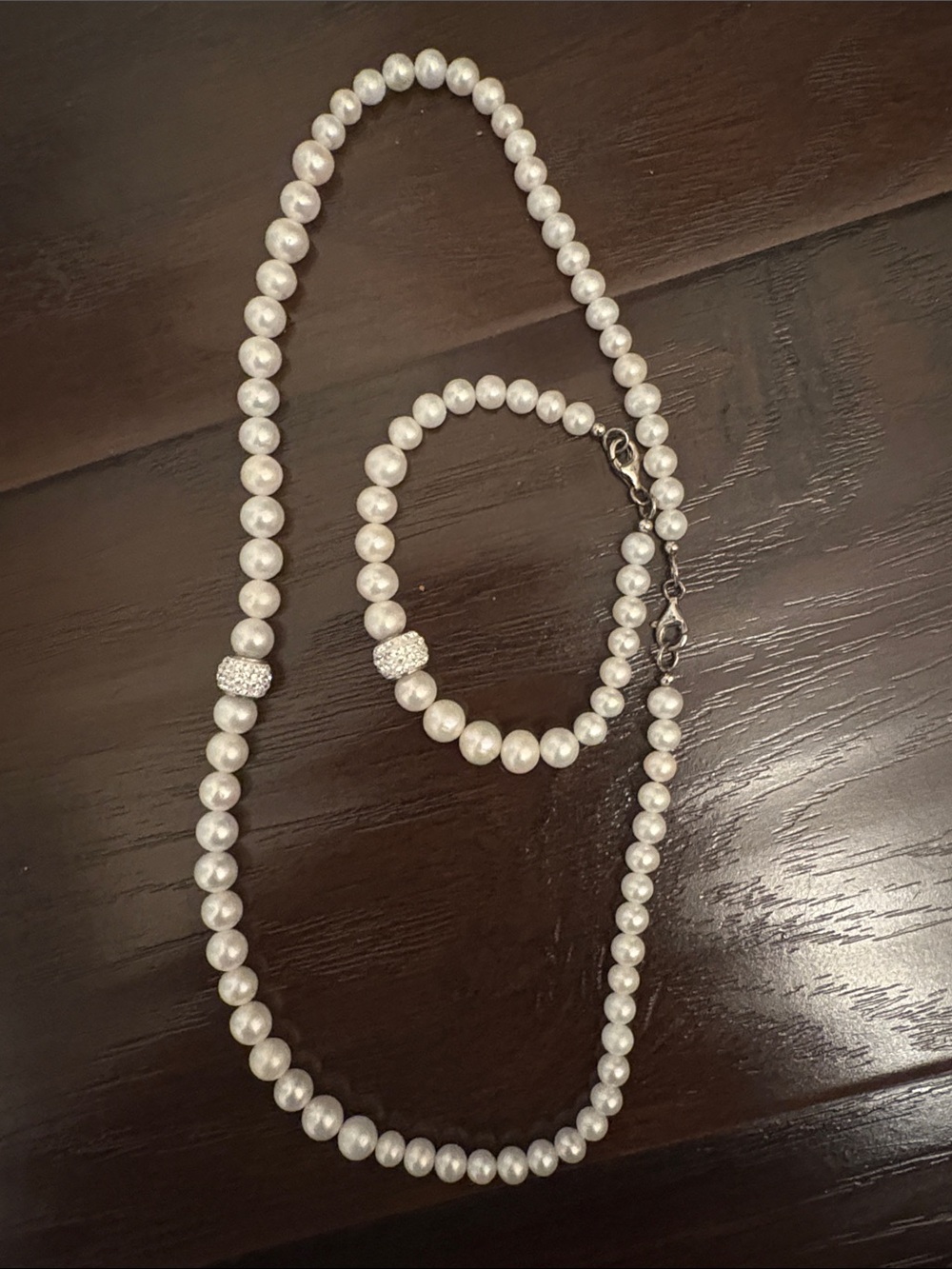 Genuine Classic White Pearl Necklace and Bracelet Set with Pave Accent